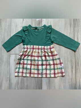 NWT RuffleButts Spruce & Tinsel Checked Plaid Printed Waterfall Dress girls 3-6M